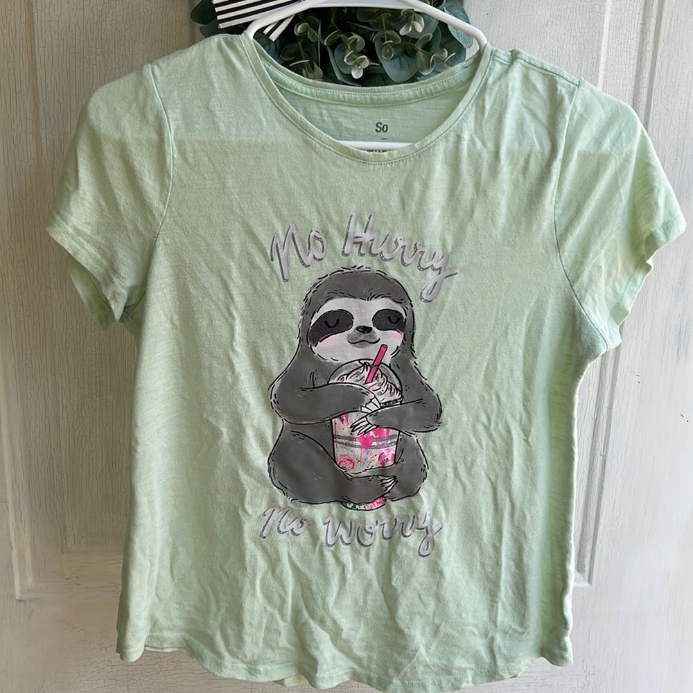 Kids Soho graphic tea sloth xl 14/16 no hurry no worry animal print girly